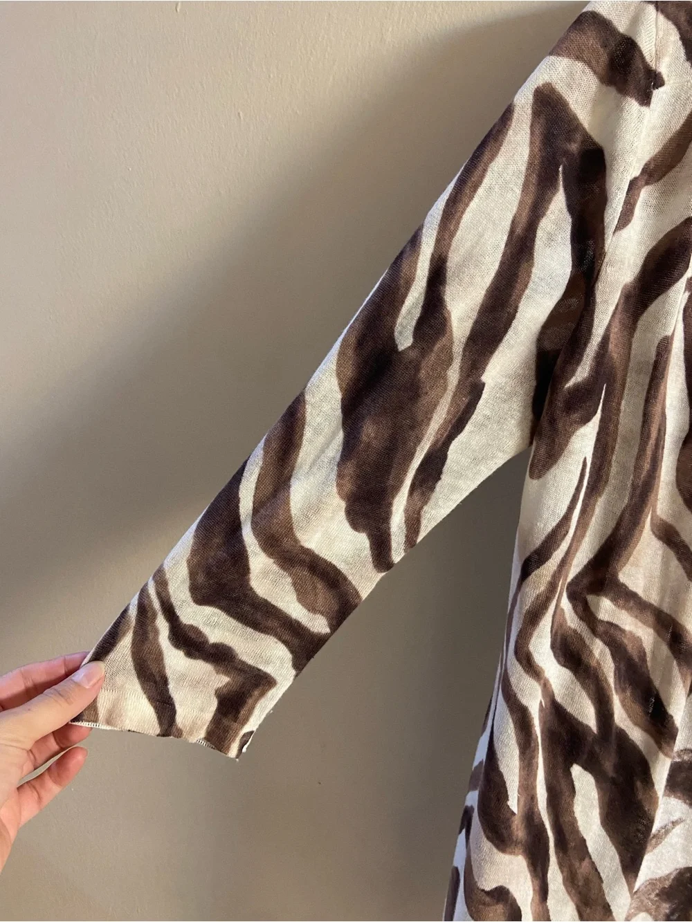 Chico's Zebra Print Open Cardigan in Brown & Cream Tones linen blend Large